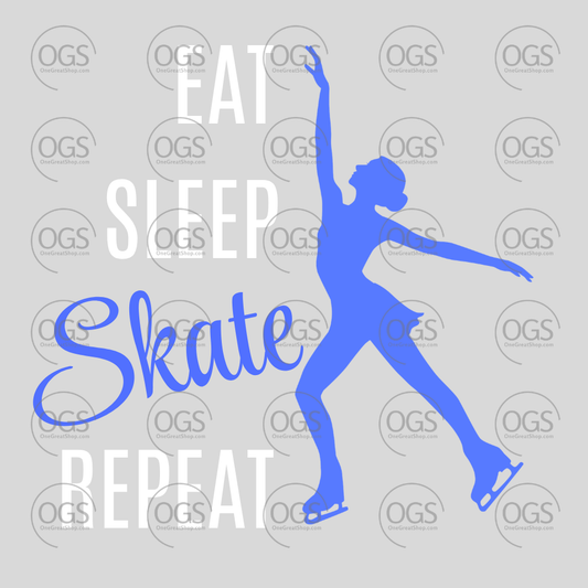 Blue silhouette of a figure skater with 'Eat Sleep Skate Repeat' text with white font.