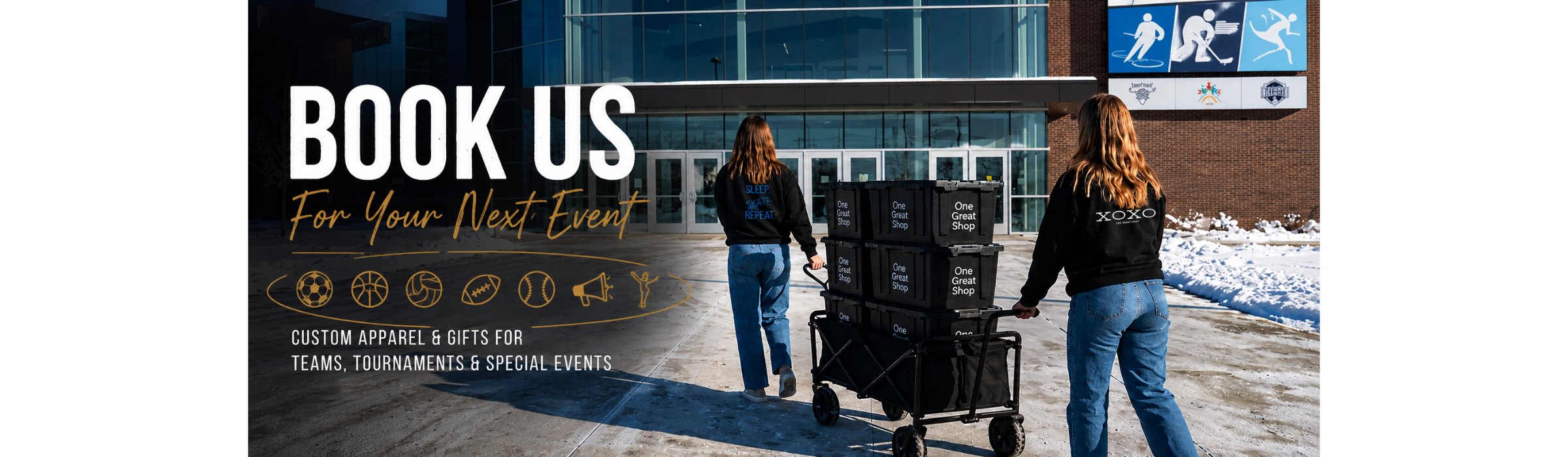 A promotional banner featuring two people pushing a black cart loaded with stacked black cases outside a modern building. Large text on the left reads 'BOOK US For Your Next Event' with smaller event-related copy below, and a blue sign is visible on the building facade.