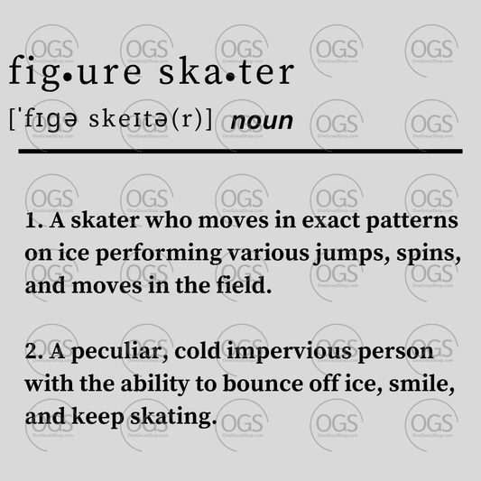 Figure skating design the definition of figure skater in black font.