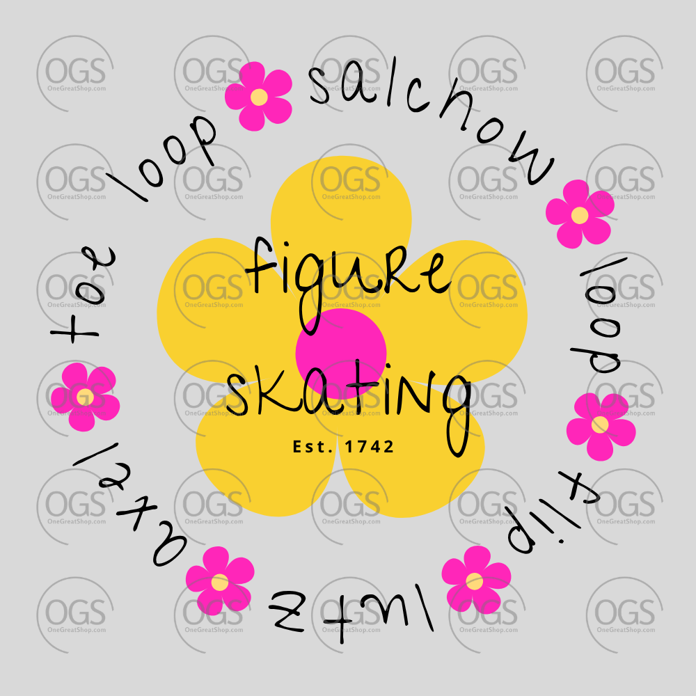 Figure skating design with yellow flower, pink flowers, and text on a gray background.