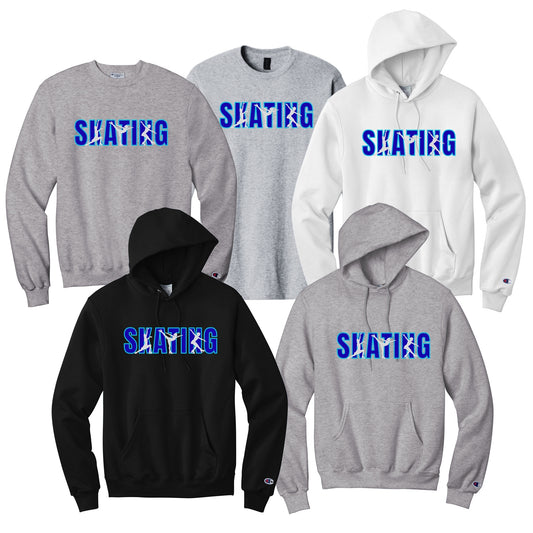 Collection of hoodies and sweatshirts with 'SKATING' text in blue and female skater performing elements.