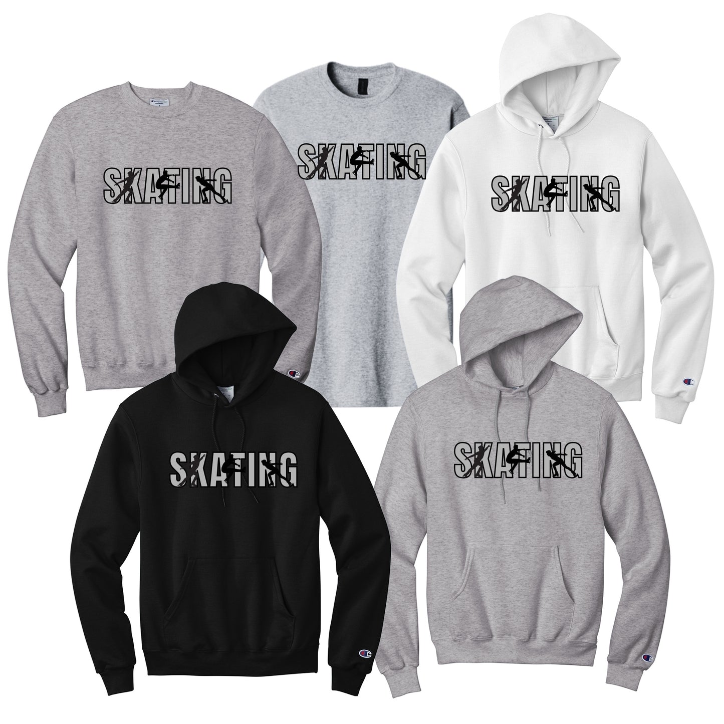 Collection of hoodies with 'SKATING' text in gray and black with male figure skater performing elements.