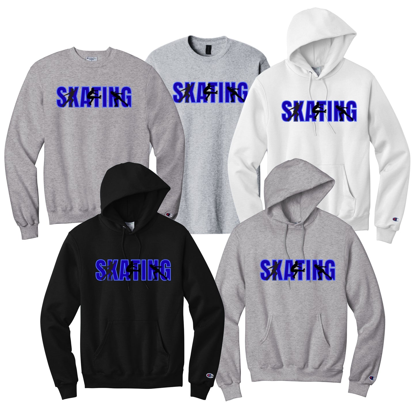 Collection of hoodies and sweatshirts with 'SKATING' text with a male figure skater performing different elements.