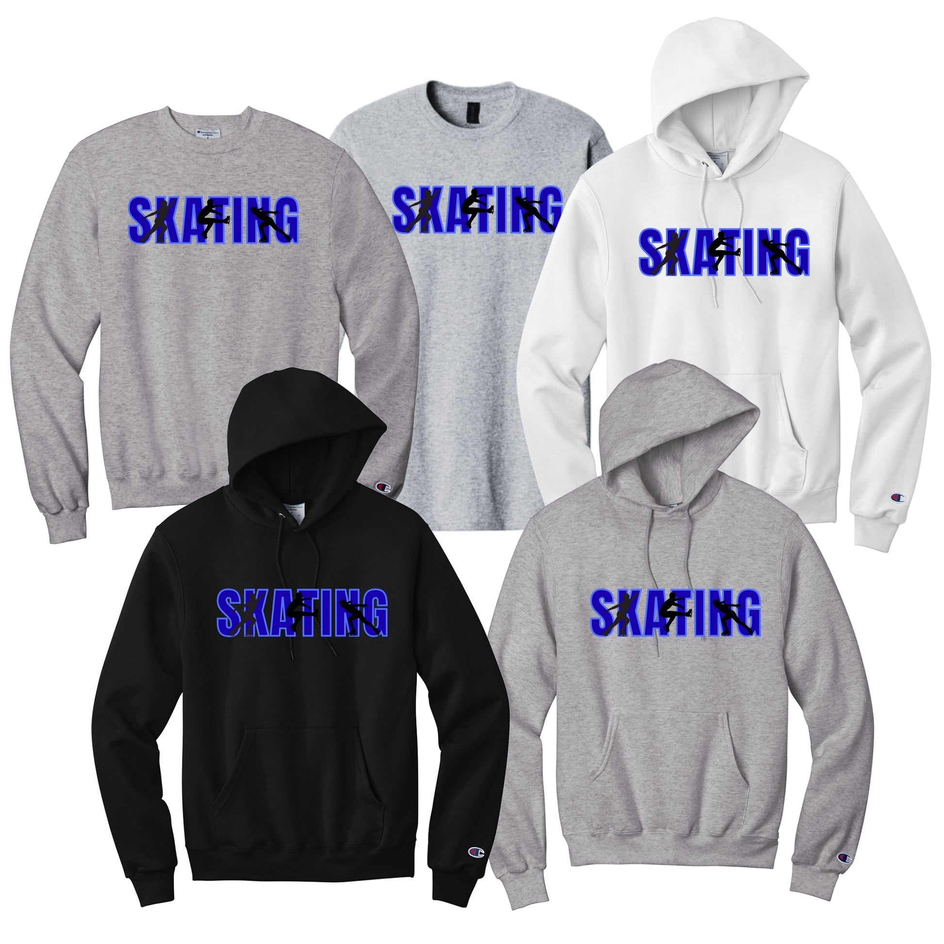 Collection of hoodies and sweatshirts with 'SKATING' text with a male figure skater performing different elements.