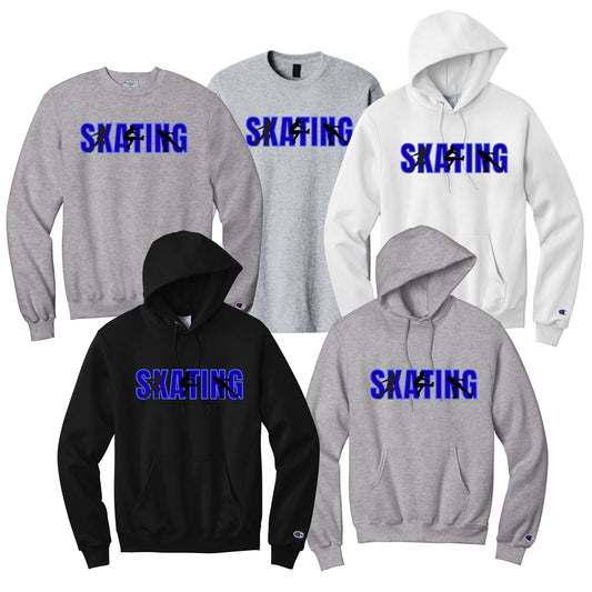 Collection of hoodies and sweatshirts with 'SKATING' text with a male figure skater performing different elements.