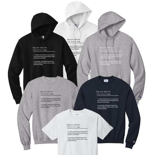 Collection of hoodies and sweatshirts with Figure Skater defined text in black or white.