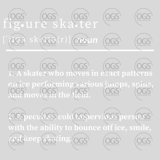 Figure skating design the definition of figure skater in white font.
