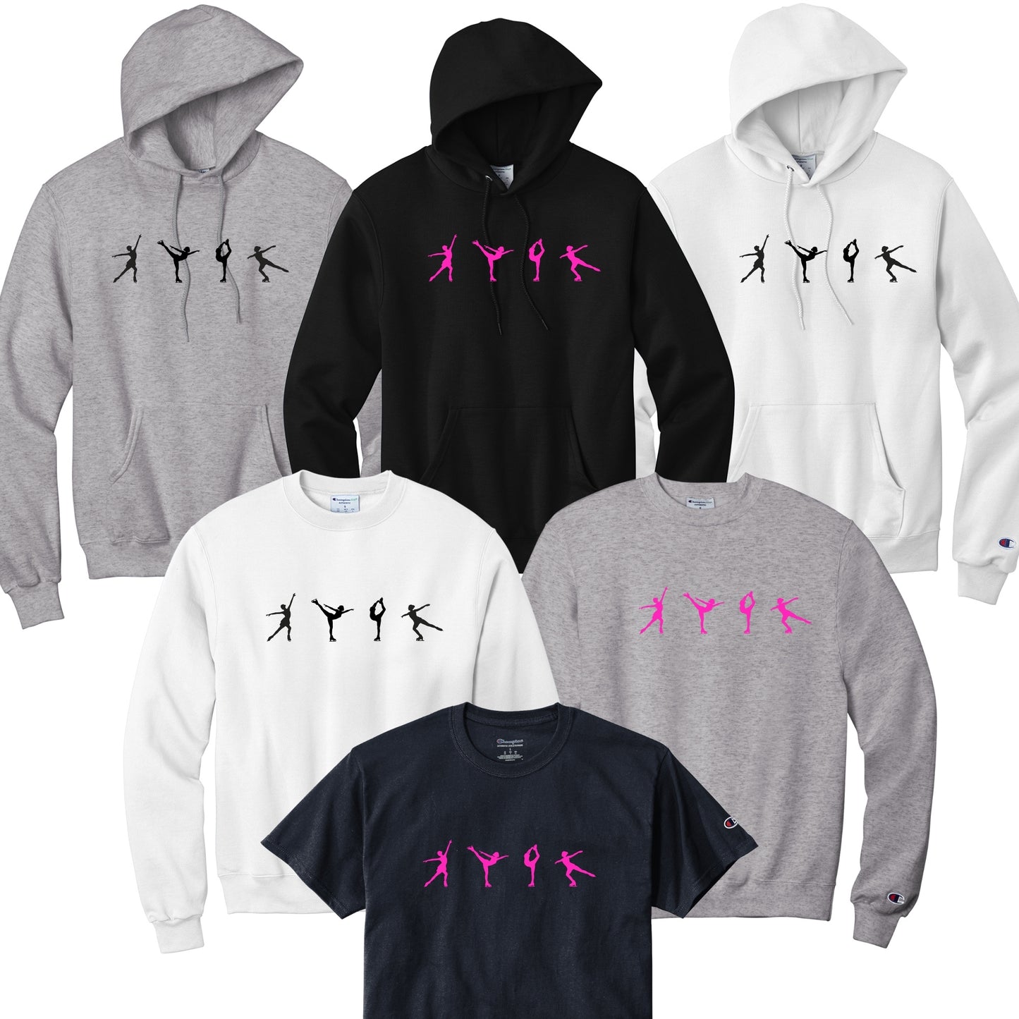 Collection of hoodies and t-shirts with figure skater elements in pink or black.