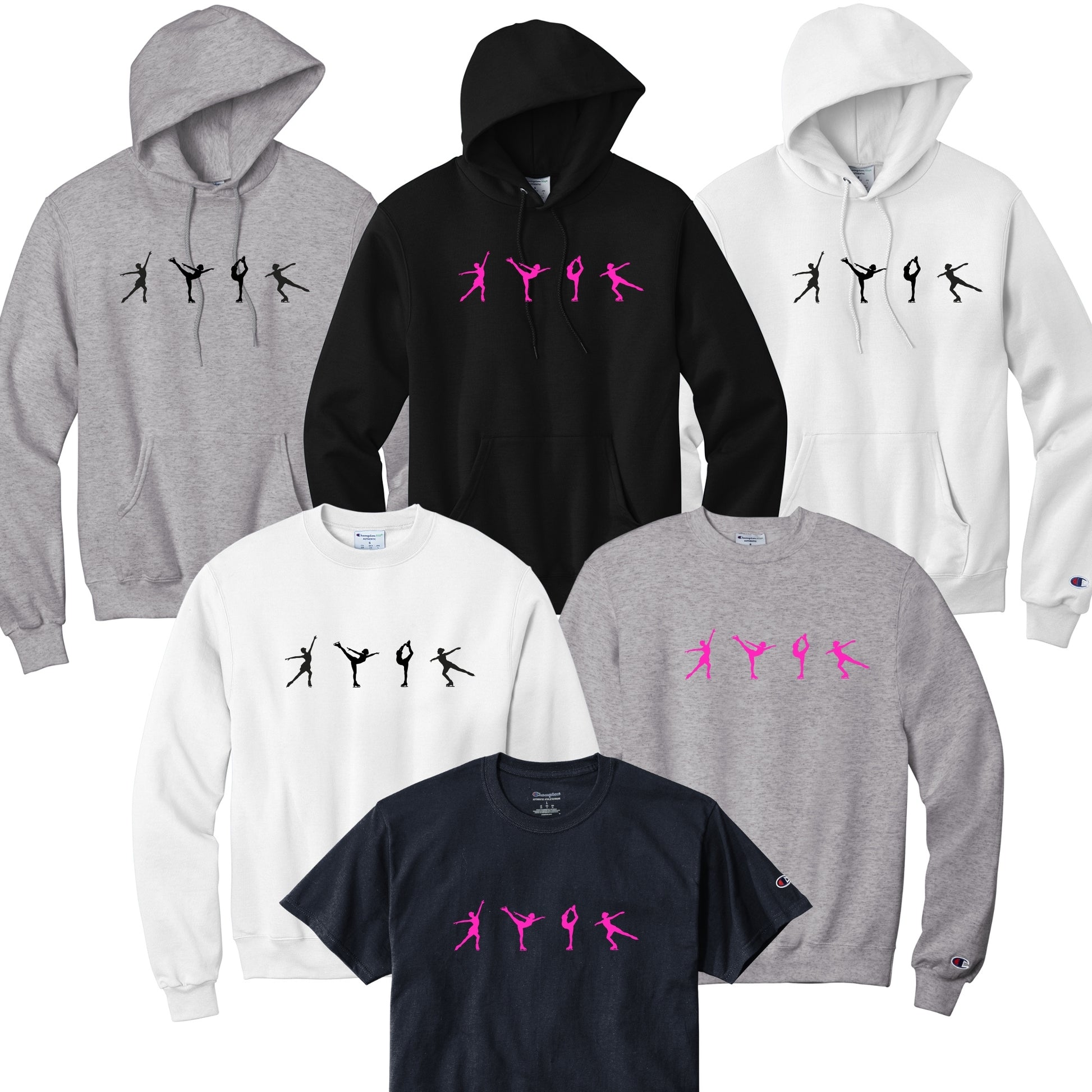 Collection of hoodies and t-shirts with figure skater elements in pink or black.