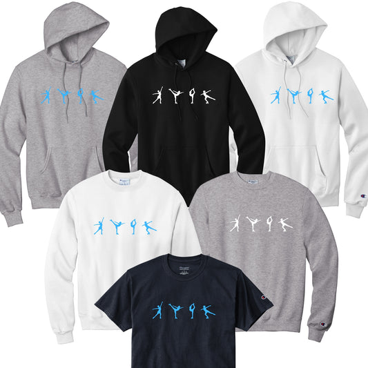 Collection of hoodies and t-shirts with a figure skater graphic design in blue or white performing elements.