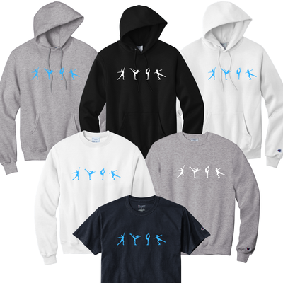 Collection of hoodies and t-shirts with a graphic design on a white background