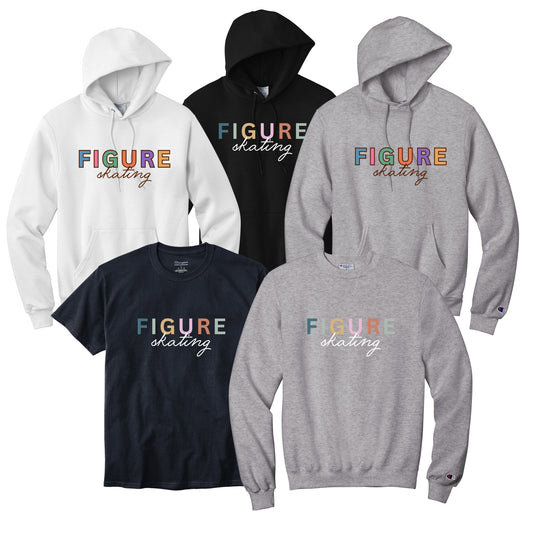 Collection of hoodies and t-shirts with 'Figure Skating' text in various colors.