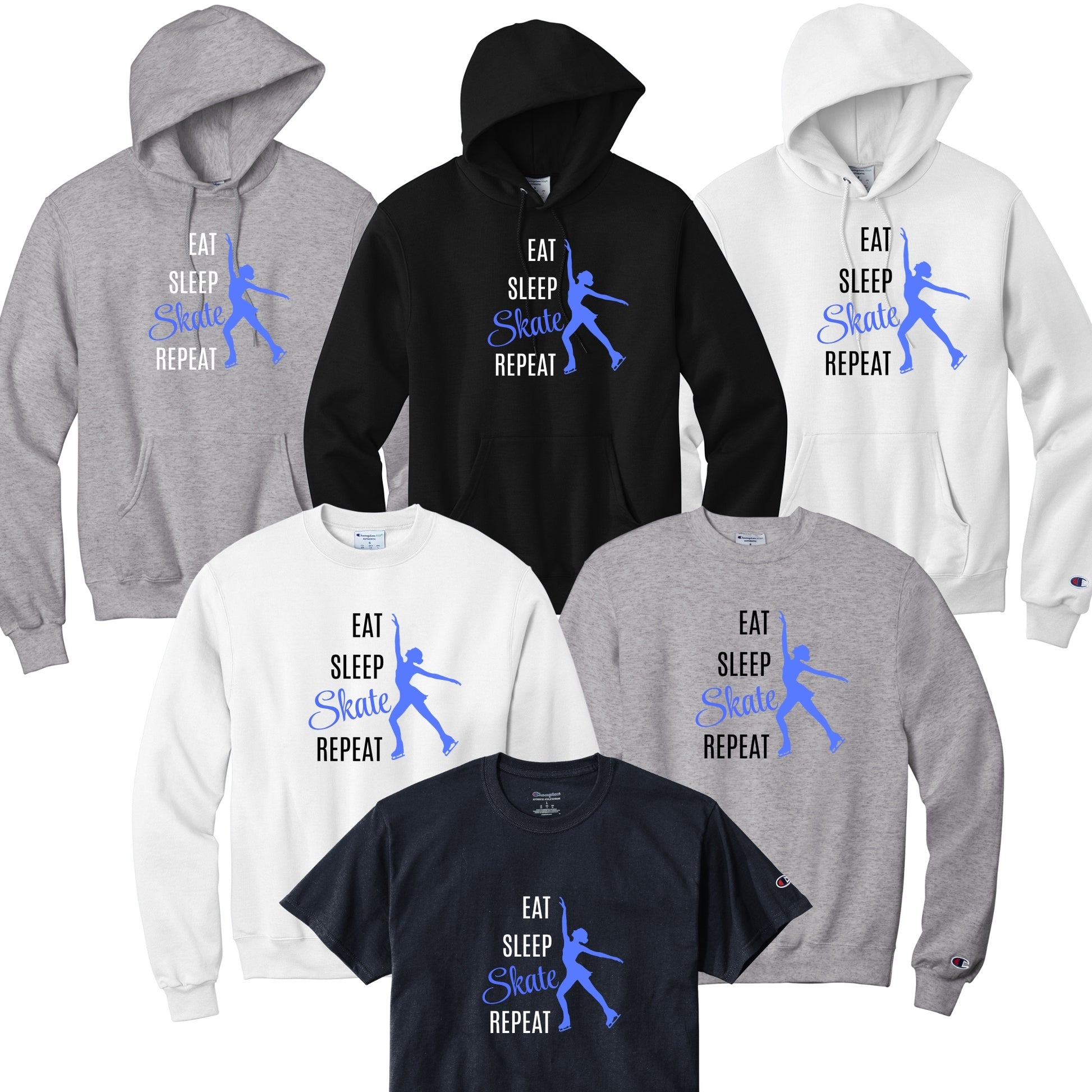 Collection of hoodies and t-shirts with 'Eat Sleep Skate Repeat' text and blue skater graphic.