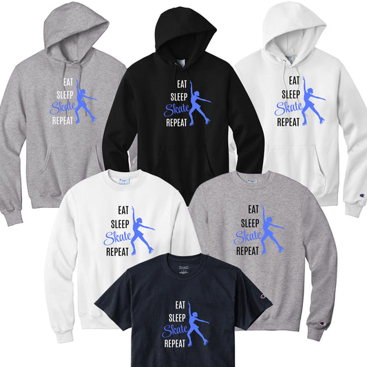 Collection of hoodies and t-shirts with 'Eat Sleep Skate Repeat' text and blue skater graphic.