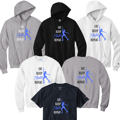 Collection of hoodies and t-shirts with 'Eat Sleep Skate Repeat' text and graphic on a white background