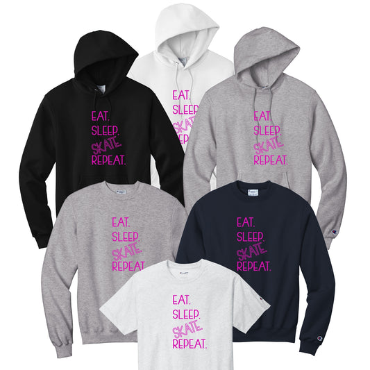 Collection of hoodies and sweatshirts with pink 'Eat. Sleep. Skate. Repeat.' text.
