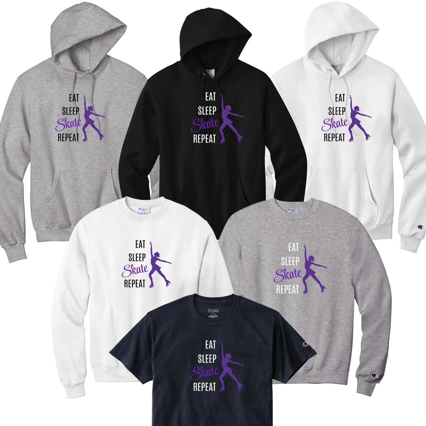Collection of hoodies and t-shirts with 'Eat Sleep Skate Repeat' text and purple skater.