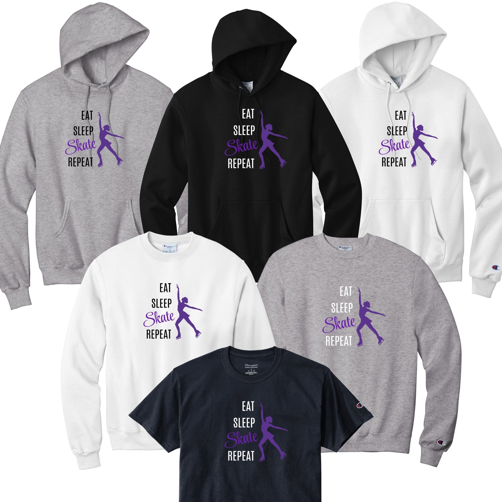 Collection of hoodies and t-shirts with 'Eat Sleep Skate Repeat' text and purple skater.