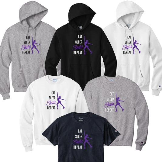 Collection of hoodies and t-shirts with 'Eat Sleep Skate Repeat' text and purple skater.