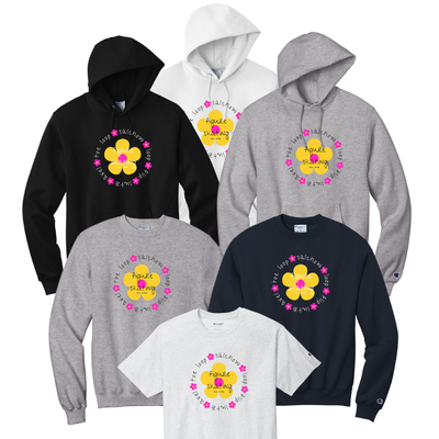 Collection of hoodies and t-shirts with a floral design and text on a white background