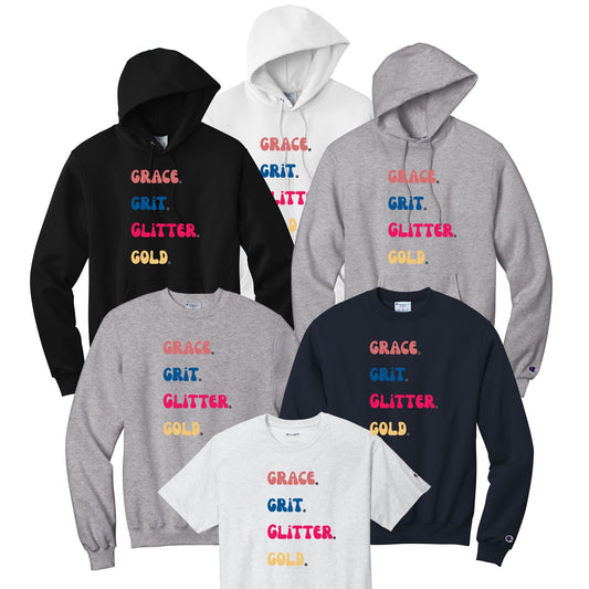 Collection of hoodies and t-shirts with 'GRACE, GRIT, GLITTER, GOLD' text in multiple colors representing figure skater life.