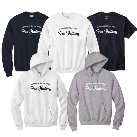 Collection of hoodies and sweatshirts with 'Happiness is a day spent Ice Skating' text in black or white.
