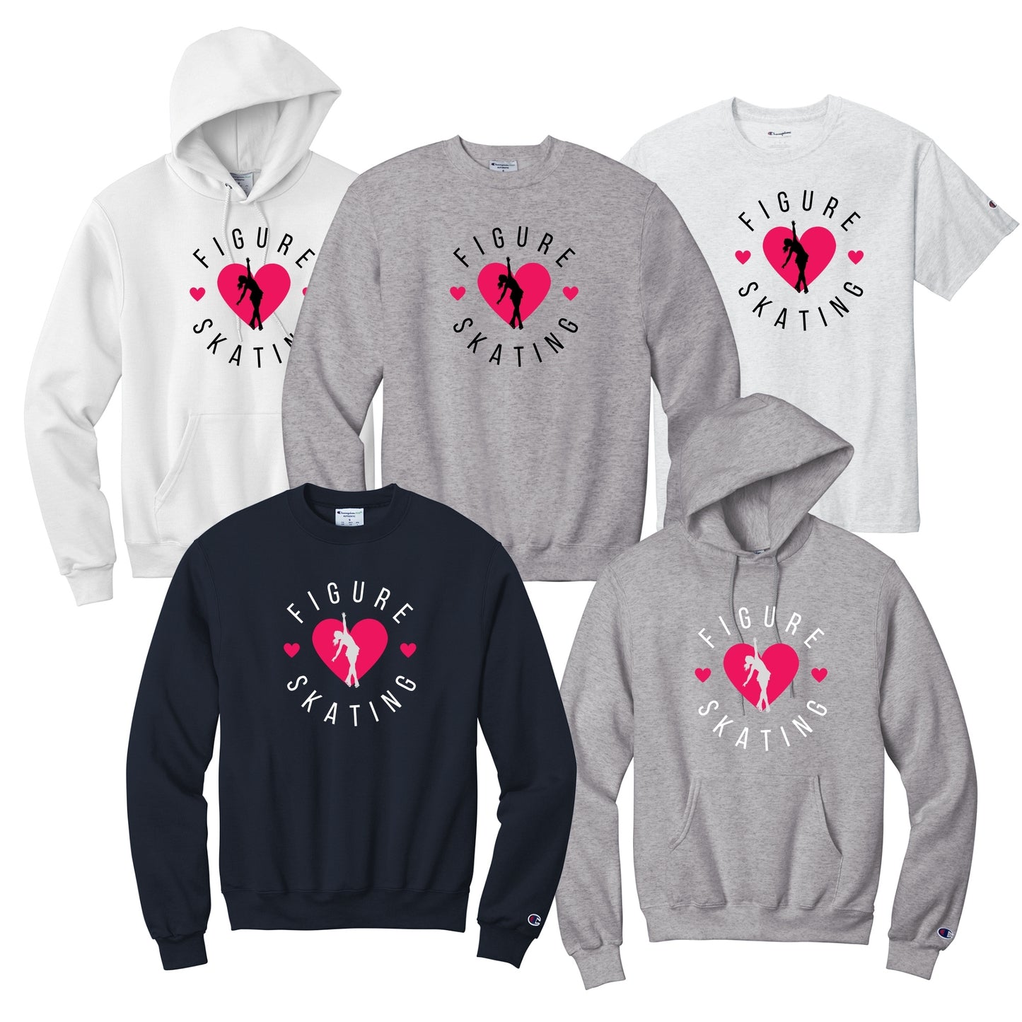 Collection of figure skating-themed hoodies and sweatshirts in various colors showcasing love of figure skating.
