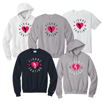 Collection of figure skating-themed hoodies and sweatshirts in various colors on a white background.