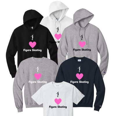 Collection of hoodies and t-shirts with I heart figure skating design in white or black font and a pink heart. 