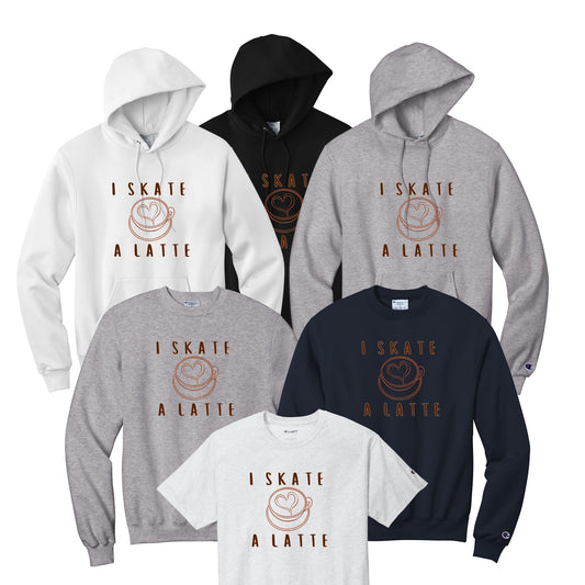 Collection of hoodies and sweatshirts with 'I Skate A Latte' text and love of skating and coffee.