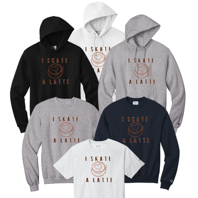 Collection of hoodies and t-shirts with 'I Skate A Latte' text on a white background