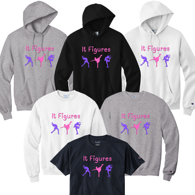 Collection of hoodies and t-shirts with 'It Figures' text and figure skater graphics.