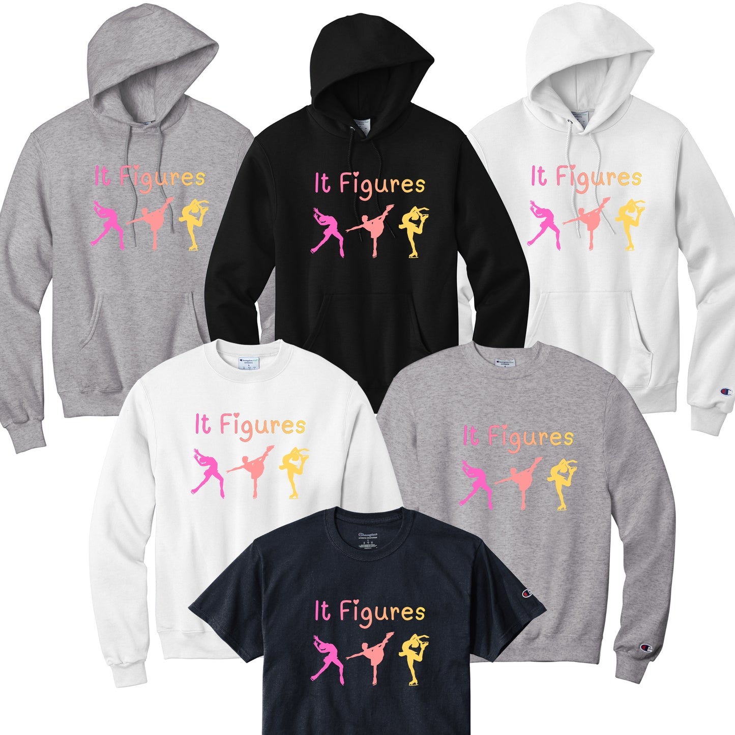 Collection of hoodies and t-shirts with 'It Figures' and figure skater graphics.
