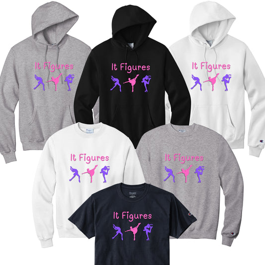 Collection of hoodies and t-shirts with 'It Figures' and figure skater graphics in purple and pink.