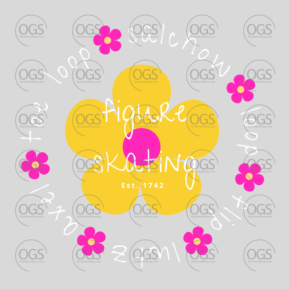 Yellow flower with pink center and pink flowers around on a gray background with white text overlay.
