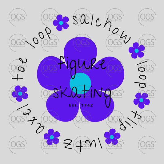 Figure skating design with jumps and elements in black font and blue azure flowers.