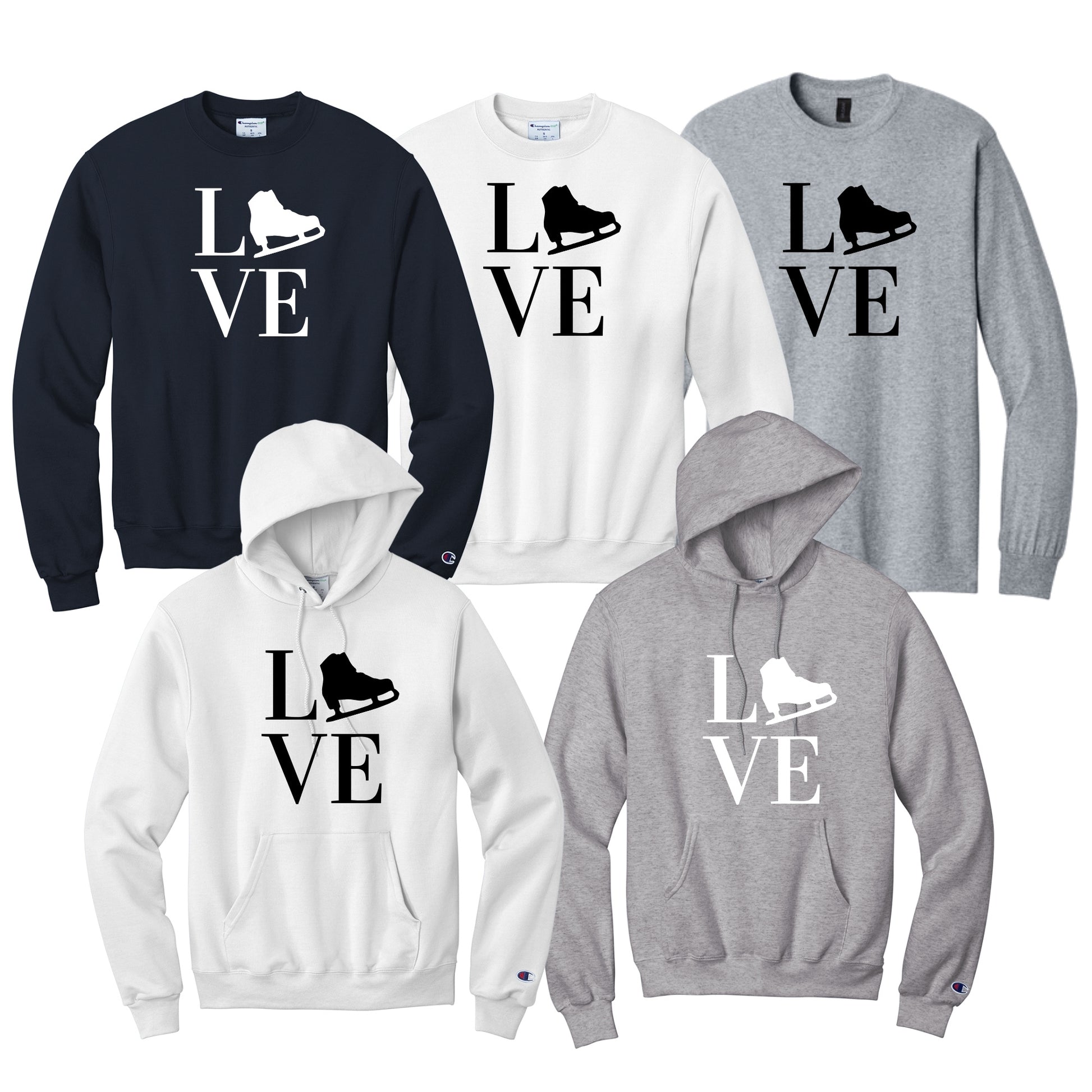 Apparel with a classic LOVE design with a figure skate replacing the letter 'O'.