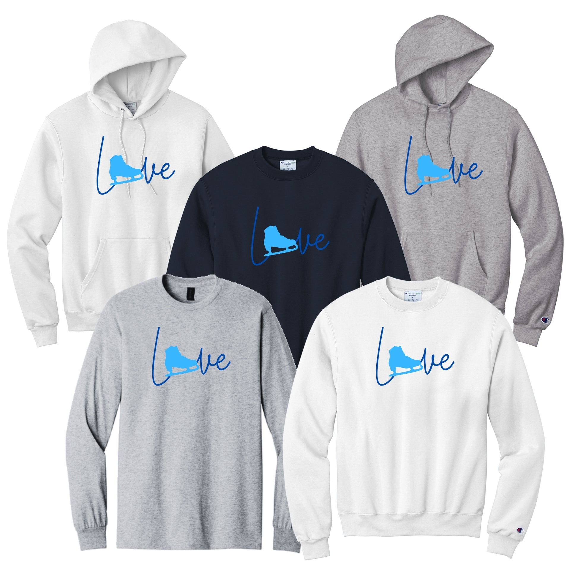 Collection of hoodies and sweatshirts with 'love' design and figure skating boot as the 'O".