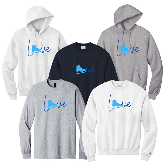 Collection of hoodies and sweatshirts with 'love' design and figure skating boot as the 'O".