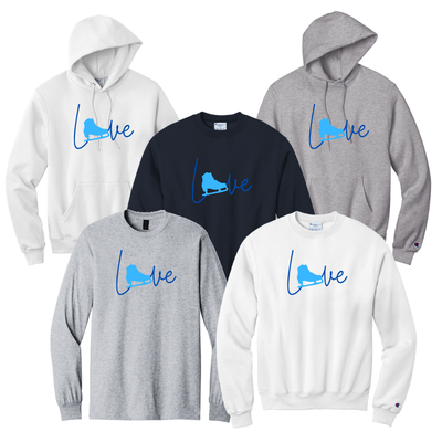 Collection of hoodies and sweatshirts with 'love' design in blue.