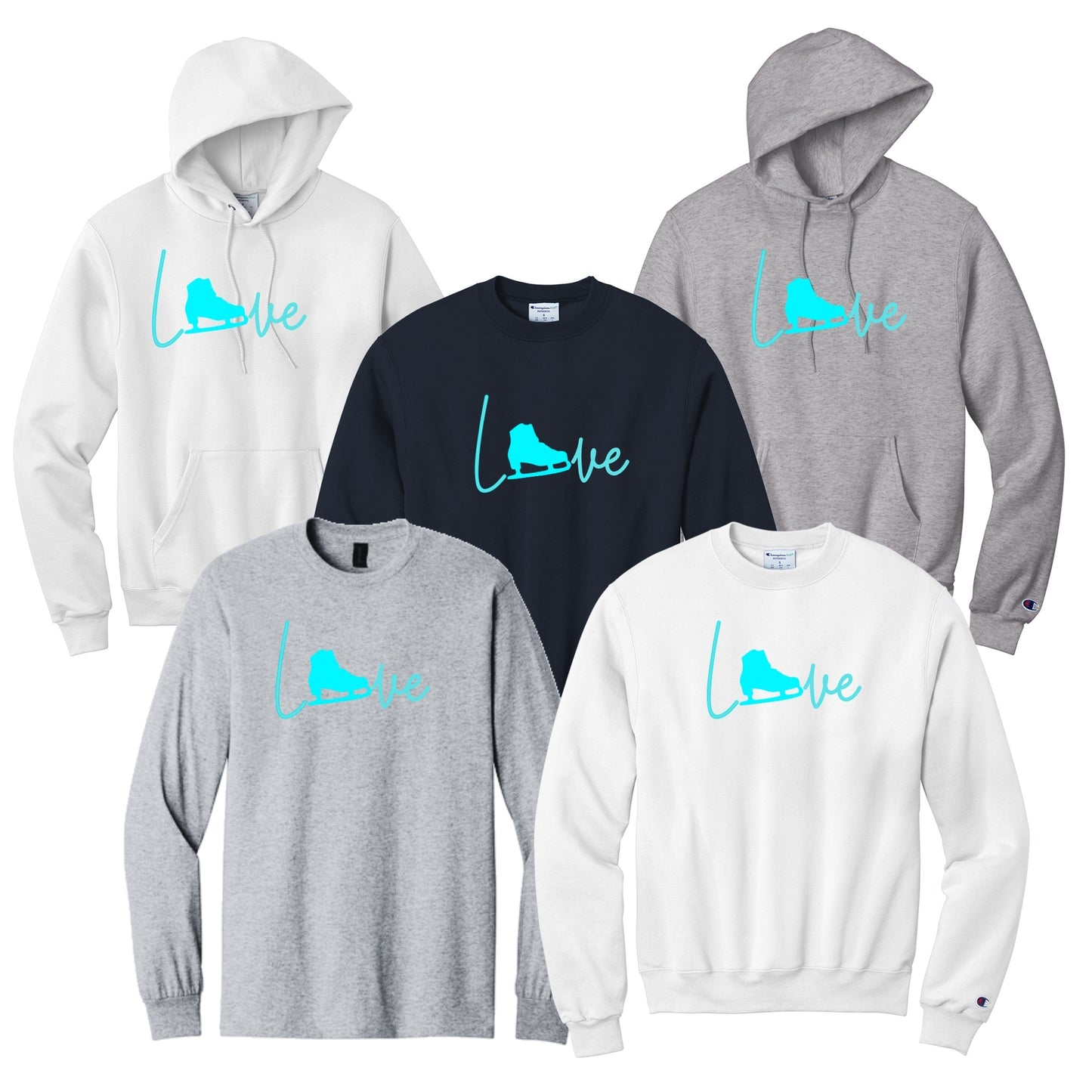 Apparel in different colors with a 'love' graphic with a figure skate replacing the letter 'o'.