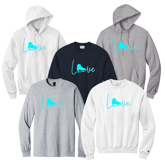 Apparel in different colors with a 'love' graphic with a figure skate replacing the letter 'o'.
