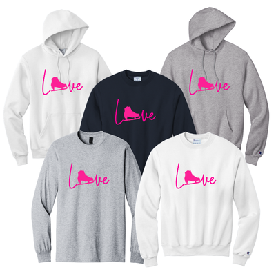 Five hoodies and t-shirts with 'Love' with a figure skate design.