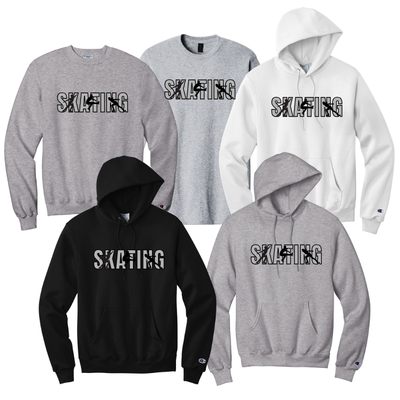 Collection of hoodies with male 'SKATING' moves in black and gray font.