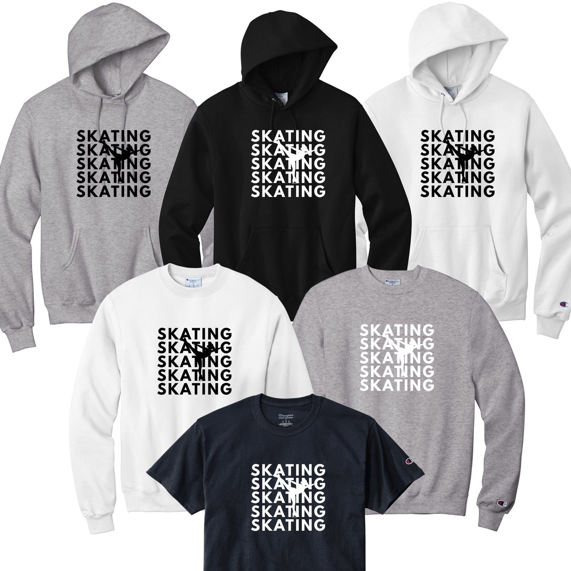 Collection of hoodies and t-shirts with 'Skating' text design with female skater in background.