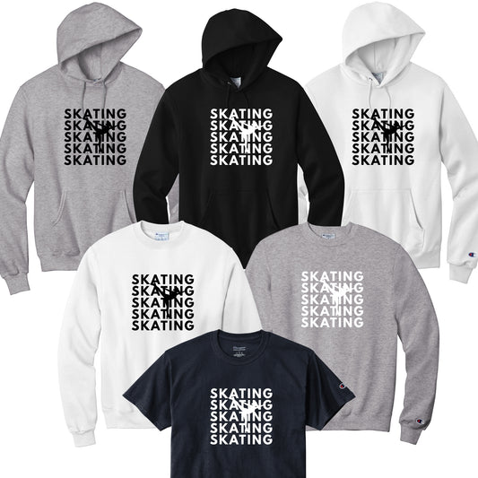 Collection of hoodies and t-shirts with 'Skating' text design with female skater in background.