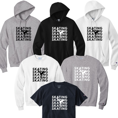 Collection of hoodies and t-shirts with 'Skating' in black or white font.