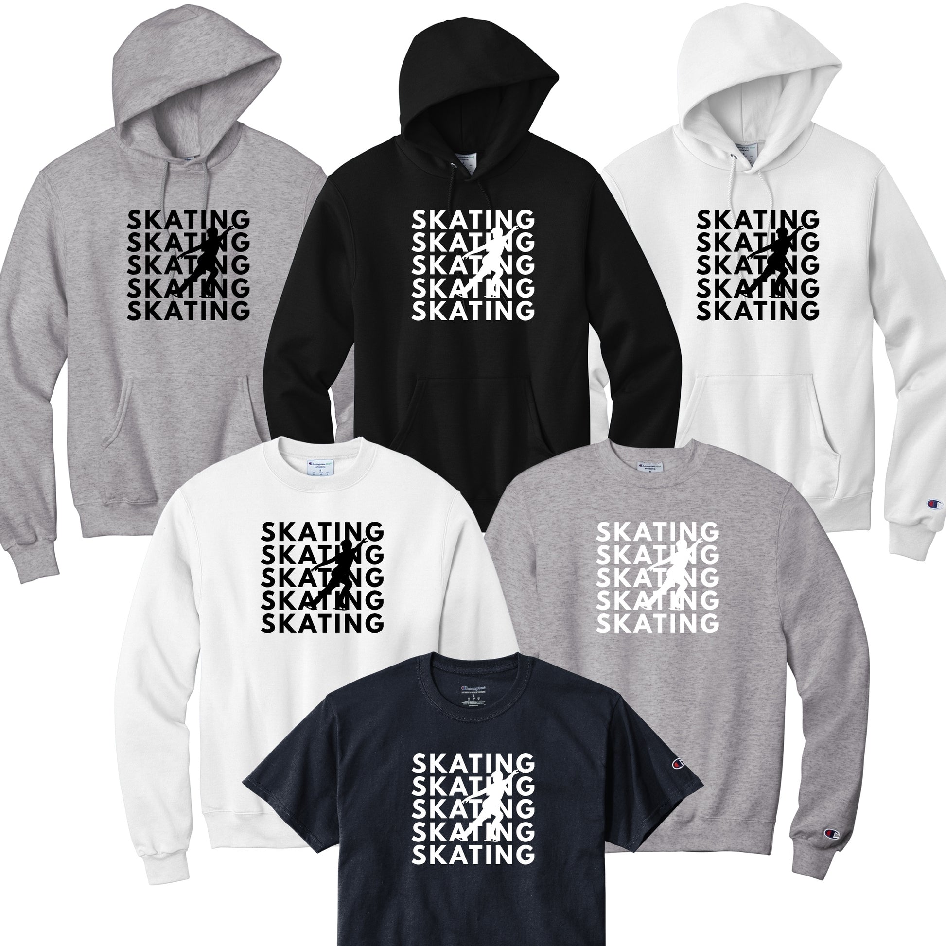 Collection of hoodies and t-shirts with 'SKATING' text and a male figure skater in the background.