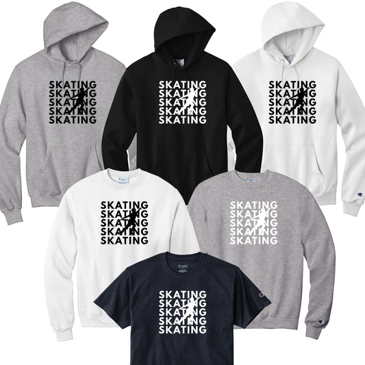 Collection of hoodies and t-shirts with 'SKATING' text and a male figure skater in the background.