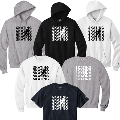 Collection of hoodies and t-shirts with 'SKATING' text and male silhouette in black and white fonts.